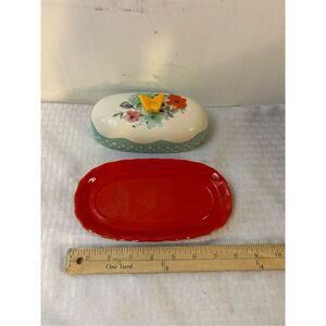 Pioneer woman butter dish red with flowers scuffs #82351
